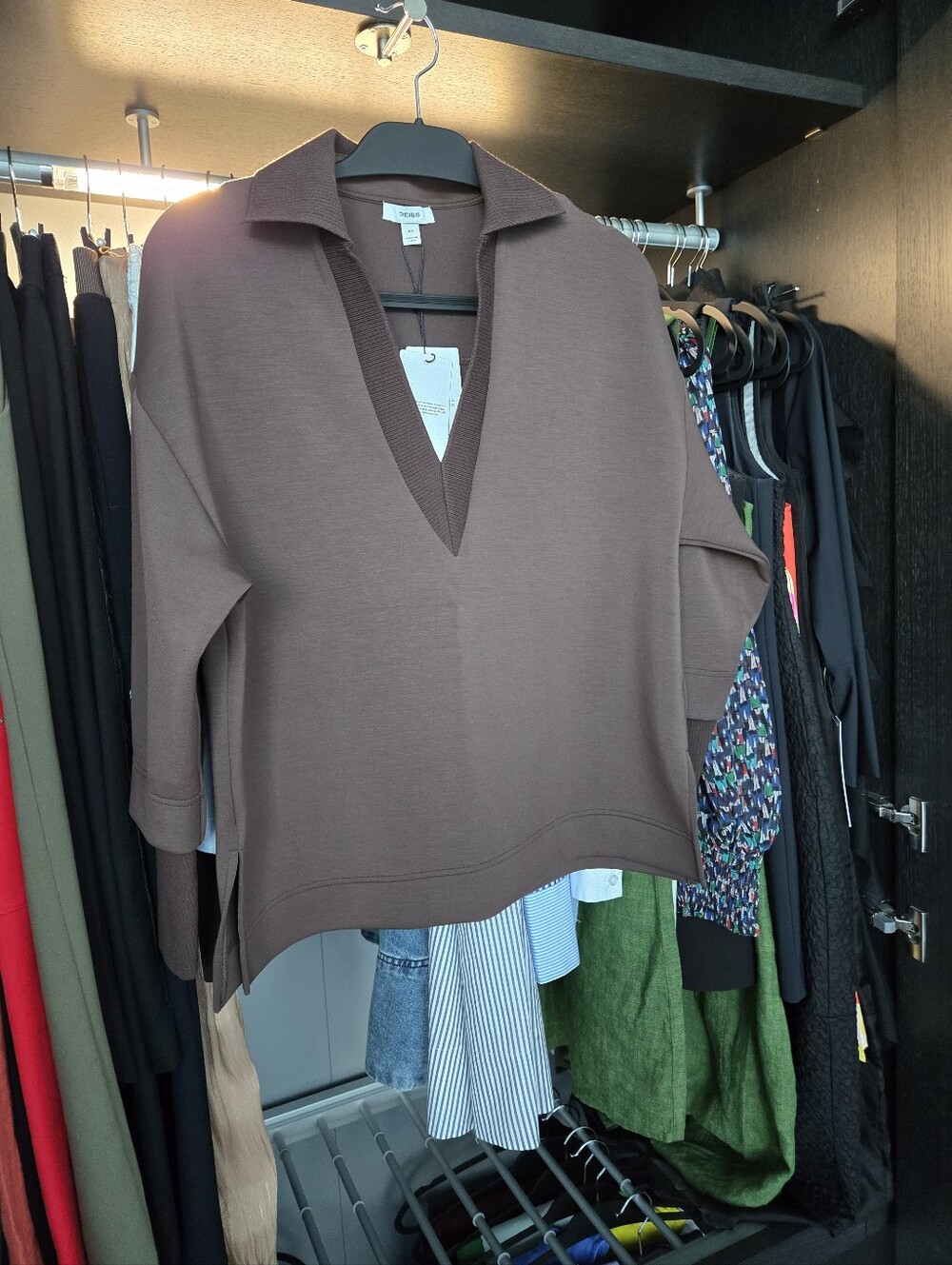 Reiss Brown Relaxed V-Neck Collared Sweater